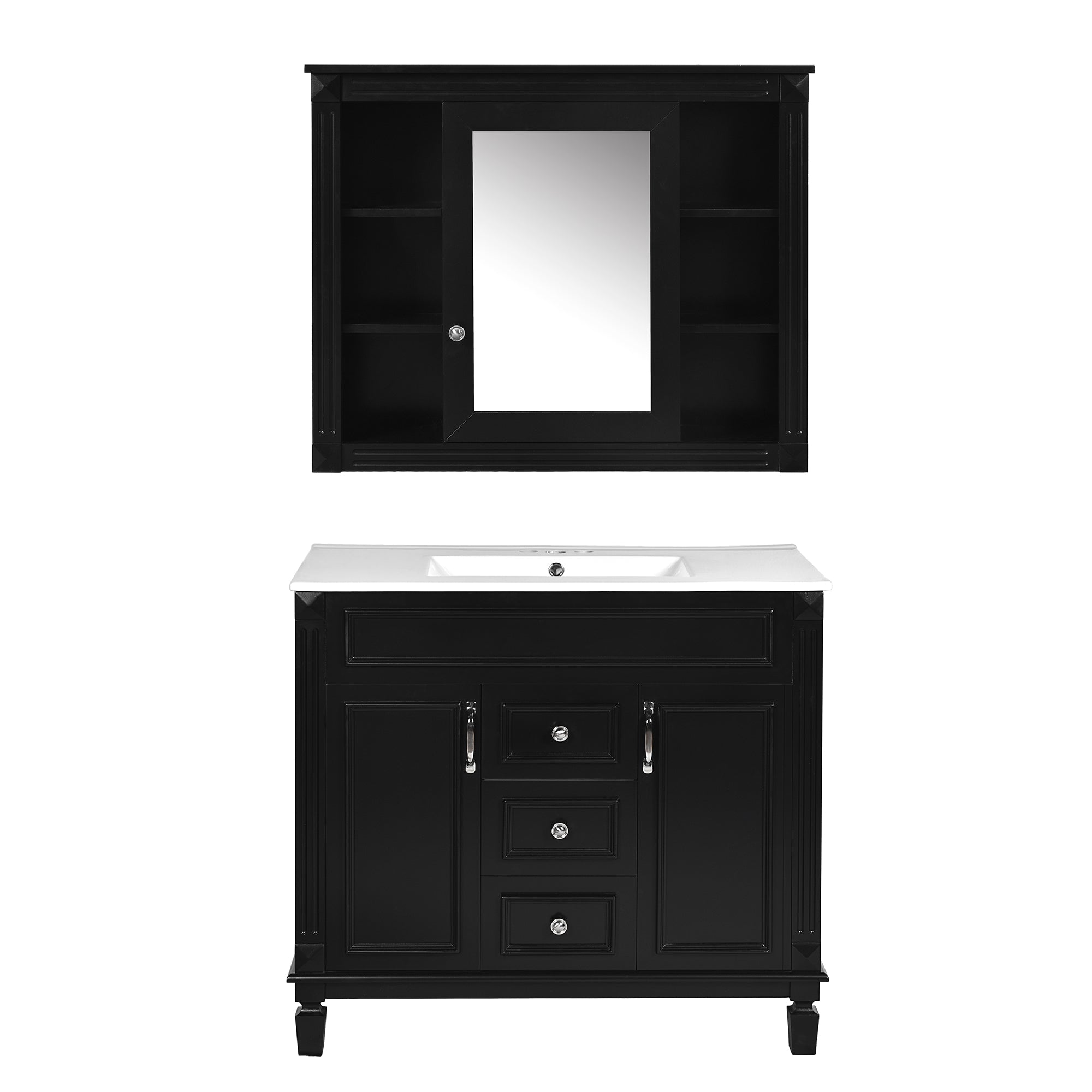VanityFus 35.1-in Black Bathroom Vanity Single Sink Medicine Cabinet Combo with Ceramic Top Undermount 3 Soft Close Doors 2 Drawers (Mirror Included) Adjustable Shelves